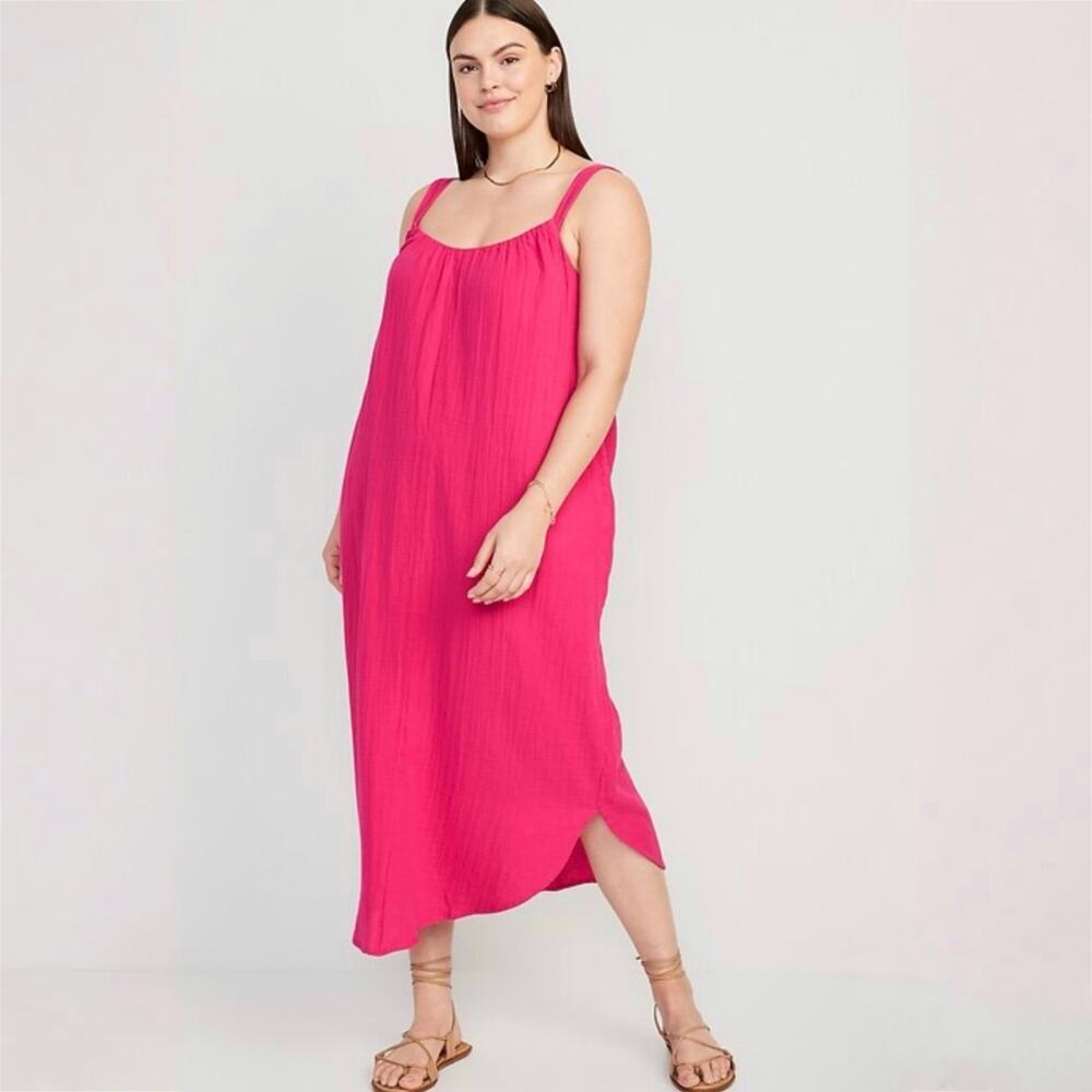 Old Navy Pink Gauze Shirred Midi Dress Adjustable Strap Women's Size XXL